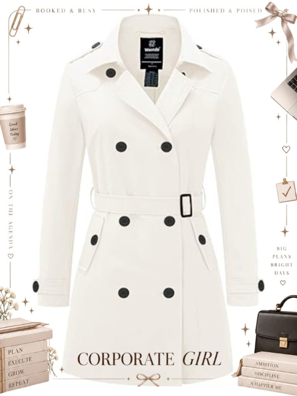 Waterproof Trench Coat Classic Lapel Belted Double Breasted Long Raincoat